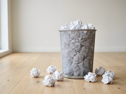 Overflowing Metal Waste Bin Filled with Crumpled White Paper on Light Wooden Floor Near Natural Light Source