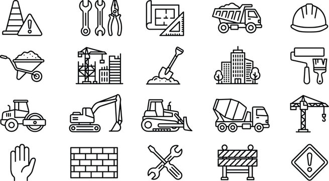 Commercial real estate development and urban infrastructure building line icons bundle featuring heavy machinery architectural layout tools