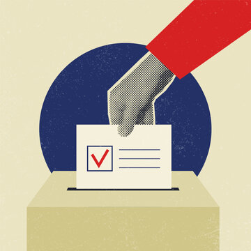 Trendy election banner with woman hand placing ballot into voting box in retro halftone collage style. Voter participation, election day and democratic process concept. Vector illustration