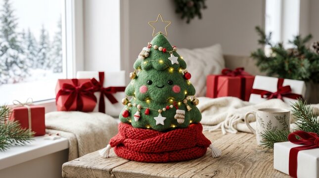 Cute felt christmas tree decoration with a red knitted scarf, fairy lights, and ornaments, sitting on a rustic wooden table with gifts in the background