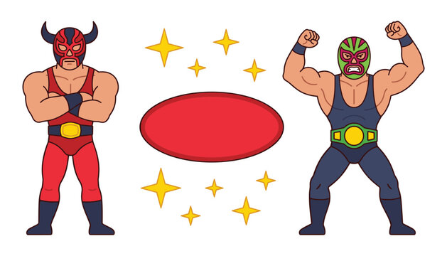 Mexican lucha libre wrestler character set with athletic luchadores fighters wearing masks championship belts and blank sign board banner vector flat illustration