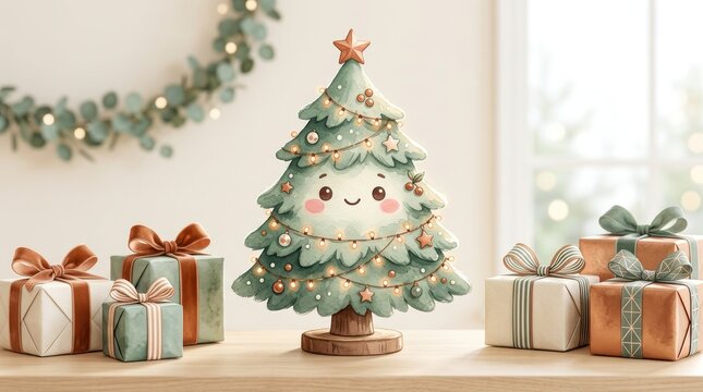 Cute watercolor christmas tree with a smiling face and fairy lights surrounded by gift boxes on a wooden table