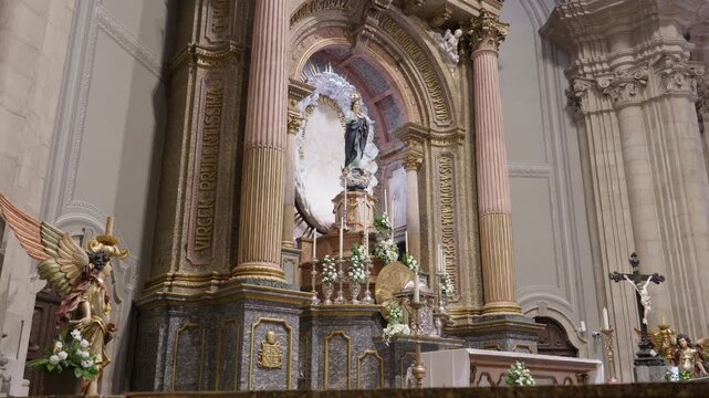 Gilded Altar And Crowned Virgin Mary Statue Flanked By Angel Sculptures At Sameiro