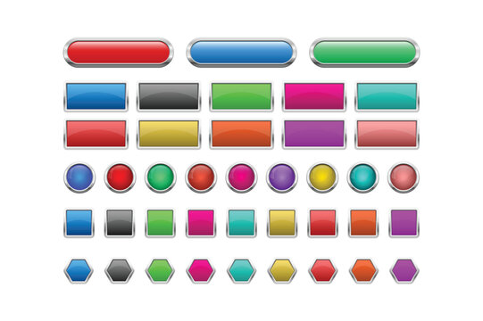 Set of colorful glossy web buttons in various shapes including rectangles, circles, and hexagons with silver metallic borders