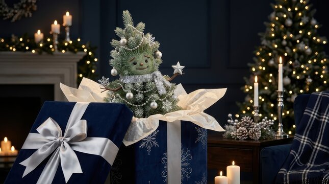 A cute small christmas tree character with a friendly face peeking out of a large blue gift box in a cozy, festive room with lights