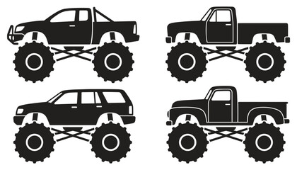 Monster Truck Silhouette Vector Set with Big Wheel Pickup Trucks and Off Road SUV Vehicles for Extreme Motorsport and Decal Designs © MdEajdani