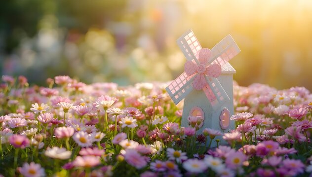 Cute pastel windmill decoration surrounded by tiny flowers, soft sunlight, charming aesthetic