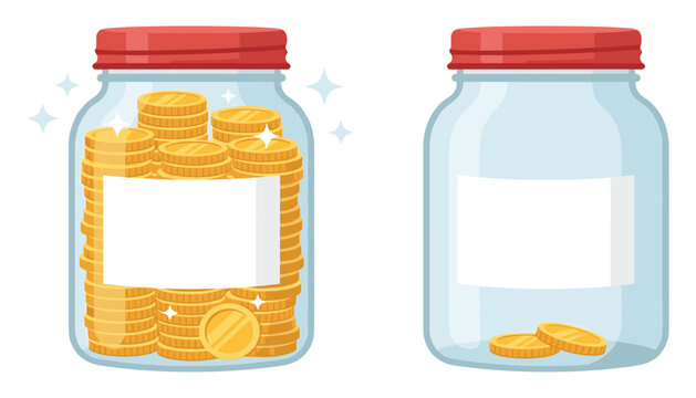 Money Saving Jar Vector Illustration with Full Glass Mason Jar of Gold Coins and Empty Jar for Financial Budget and Wealth Concepts
