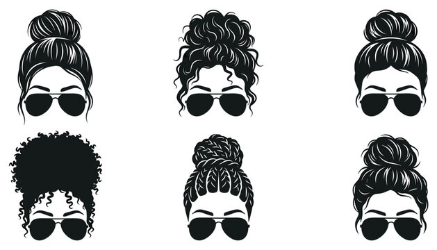 Messy Bun Woman Vector Set with Diverse Hairstyles Afro Puffs Braids and Aviator Sunglasses for Messy Bun Life and Girl Boss Designs