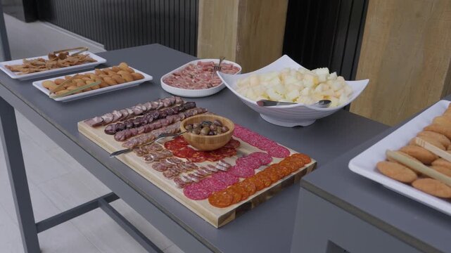 Cured Meat Board With Chorizo Salami Olives Cheese And Fried Snacks On A Long Table