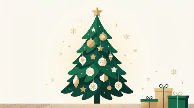 Christmas tree with golden ornaments and gift boxes on a light background
