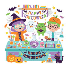 Naklejka premium Explore a cute halloween chemistry lab with children doing spooky science experiments and a stiker halloween design