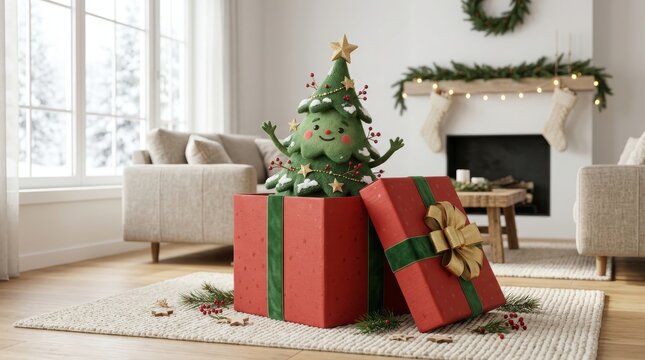A cute plush christmas tree character popping out of a large red gift box in a cozy, festive living room setting