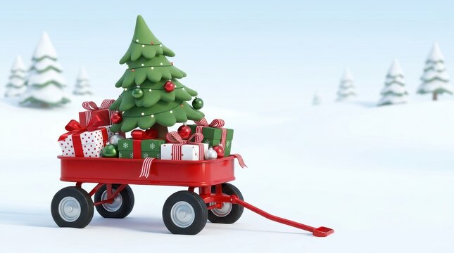 Red wagon filled with a decorated christmas tree and wrapped gift boxes in a snowy winter landscape