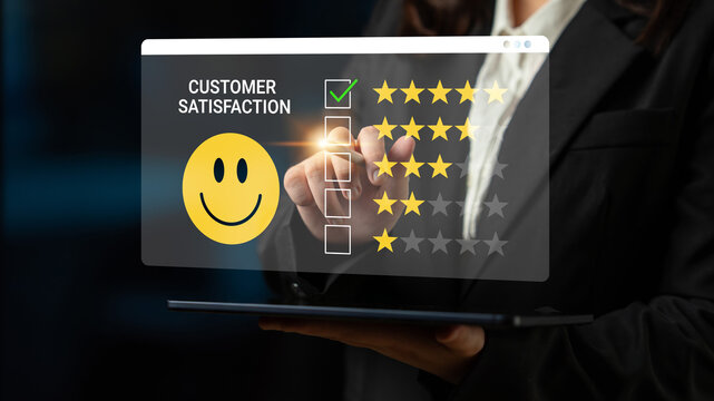 Engaging visual of a customer satisfaction feedback interface featuring a smiley face and star rating, illustrating modern business evaluation and consumer engagement. Cyphers