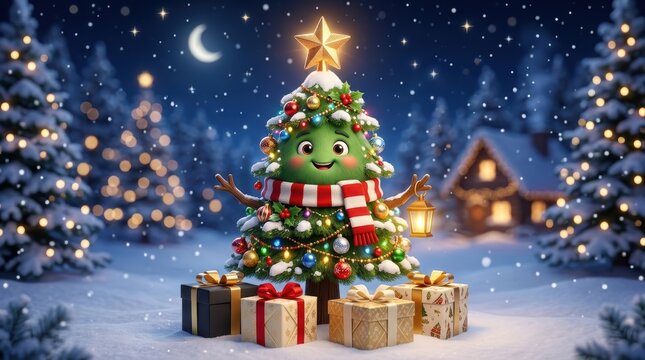 A cheerful, animated christmas tree character with a scarf and lantern standing in a snowy winter landscape with gifts under the tree at night