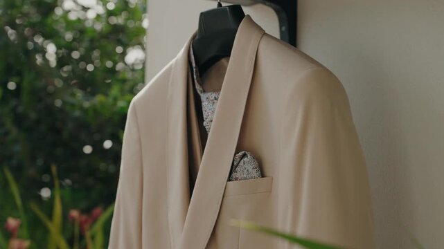 Detail of a beige wedding jacket shawl lapel and patterned pocket square hanging outdoors