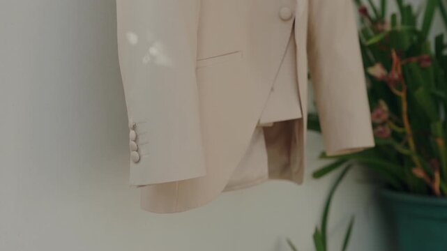 Detail of a cream wedding suit jacket hem and sleeve buttons hanging against a white wall