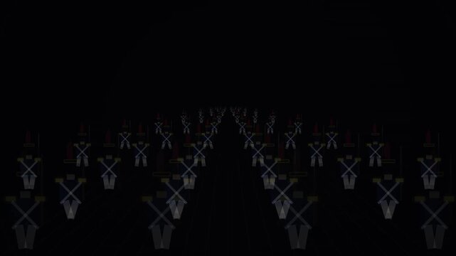 A vast multitude of identical human figures stand in a dark perspective tunnel, creating a mysterious atmosphere of conformity and endless repetition throughout the digital rendering space