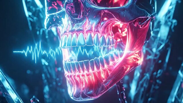 Neon glowing skull surrounded by ice crystals.