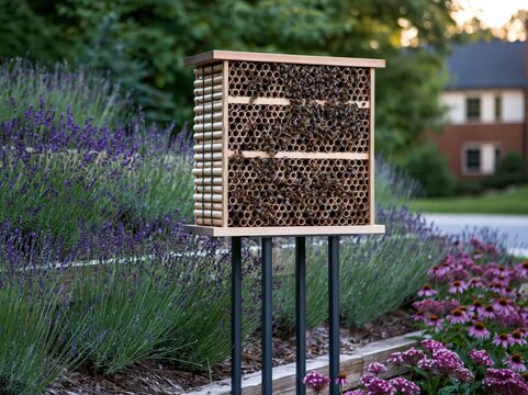 An insect hotel with many small compartments filled with natural materials stands in a garden bed next to lavender and coneflower plants.