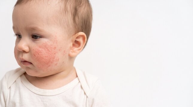 Red Irritated Skin and Allergic Reaction on Young Baby Cheek with Copy Space 