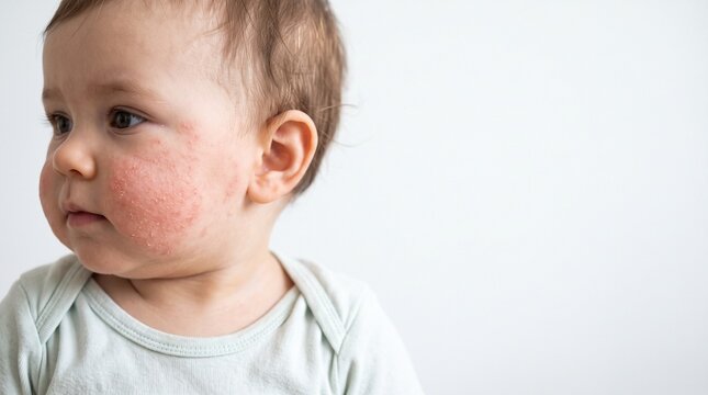 Close Up of Infant Baby Face with Severe Atopic Dermatitis Eczema Rash on Cheek