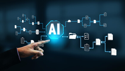 Obraz premium Human Hand Interacting with 3D Conceptual Visualization of Artificial Intelligence and Data Connections in Modern Digital Environment Quark.