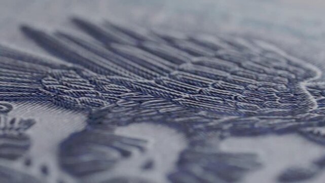 Macro close-up of Mexican 50 pesos banknote reveals intricate printed patterns and fine line details across its textured surface with shallow depth of field.