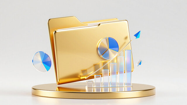Golden 3D File Folder with Business Growth Analytics and Charts