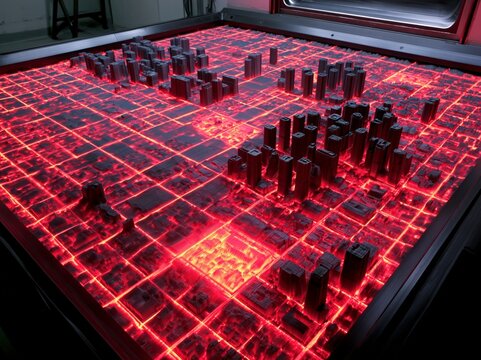 A futuristic city simulation glowing with fiery red energy lines on a digital display. This intricate model showcases a sprawling urban landscape with a complex network of streets and buildings.