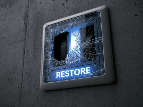 A damaged screen with the word RESTORE lit up, symbolizing data recovery or system repair in a high-tech context.