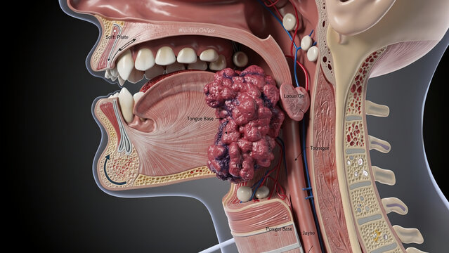 3D annotated medical illustration of base‑of‑tongue cancer tumor inside human oral‑cavity sagittal cross‑section