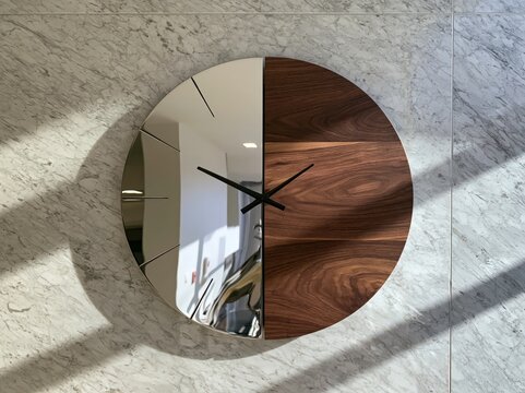 A modern minimalist wall clock, half polished chrome and half rich walnut wood, reflects the surrounding environment and casts a subtle shadow on a textured marble surface.