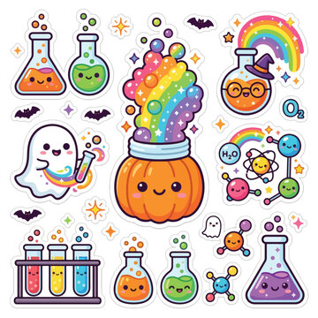 Explore a cute halloween chemistry lab featuring cheerful rainbow stiker halloween stickers with flasks and ghosts
