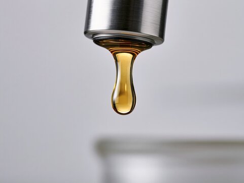 A single drop of golden liquid, resembling honey or amber, suspends precariously from a chrome faucet, hinting at sweetness or richness.