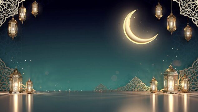 Islamic crescent moon with hanging lanterns on dark background
