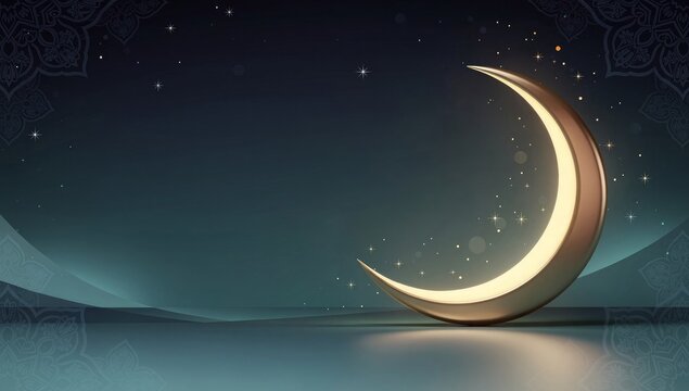 Crescent moon over starry night sky with water reflection