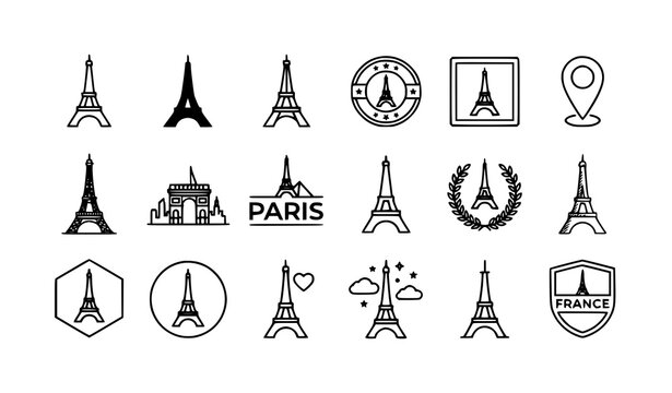 Eiffel Tower Vector Line Icons Set Simplified Paris Landmark Outline Collection