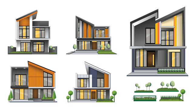 Handmade Minimalist House Illustration Set &ndash; Modern Residential Architecture. Neatly grouped elements make the artwork easy to recolor, customize, rearrange, and adapt for different applications.
