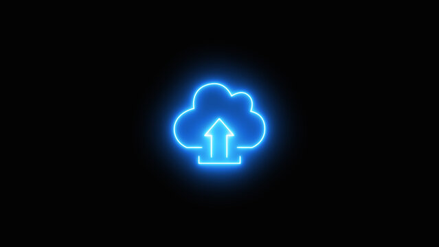 Colorful neon cloud upload icon with upward arrow representing internet storage and data transfer technology isolated on black background for digital business concepts.