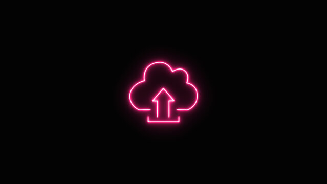 Glowing colorful neon cloud upload icon representing digital data storage backup technology network transfer and web hosting isolated on black background