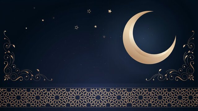 Crescent moon with decorative islamic border and starry night sky