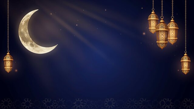 Crescent moon with hanging lanterns against night sky