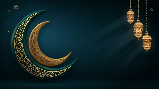 Islamic crescent moon with hanging lanterns on dark green background