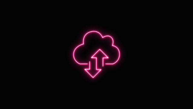 Colorful neon icon of a cloud computing storage symbol with upload and download arrows representing data transfer and synchronization isolated on black background
