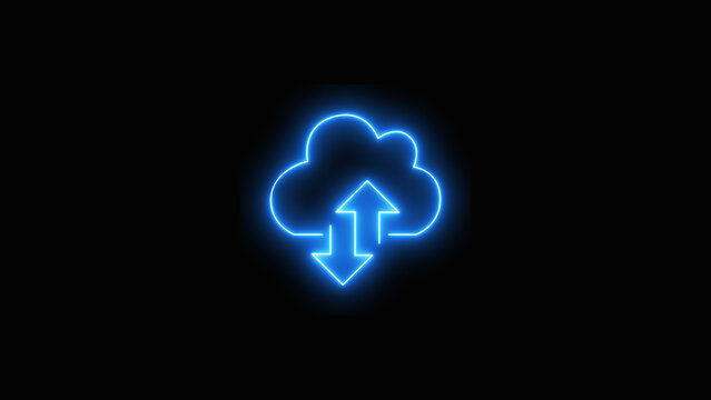 Colorful neon cloud computing icon with upload and download arrows symbolizing digital data synchronization and internet backup isolated on black background