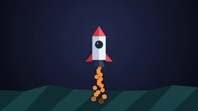 low poly space rocket launch and landing animation in night sky, pixel art style