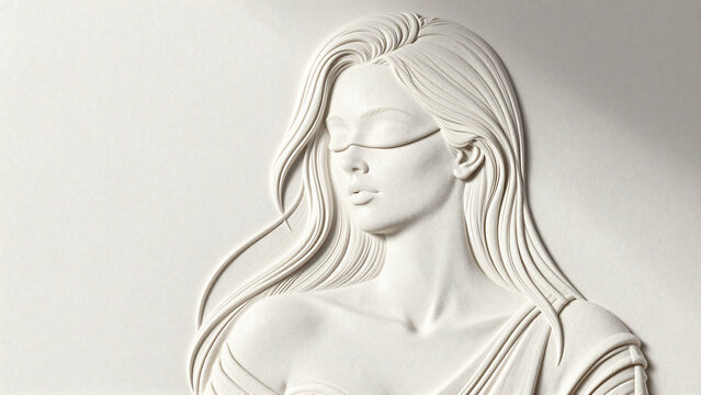 White Bas Relief Sculpture of a Serene Woman with Flowing Hair