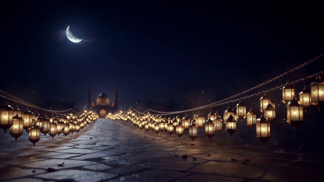 Nighttime street lined with glowing lanterns under crescent moon